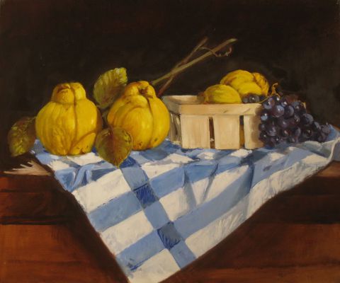 L'artiste MONIQUE SHAW - Coings,raisins,panier au torchon bleu