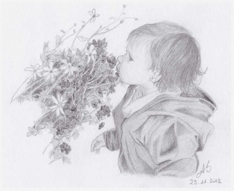 L'enfant et les fleurs - Dessin - AS