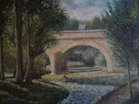 Lavandière a pont de Clécy - Peinture - chanu