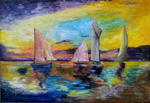 bateaux aux aurores - Peinture - evelyne massa