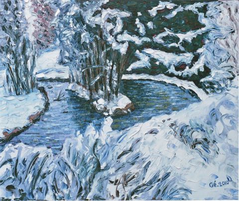 Le bassin de jardin sous la neige - Peinture - Gerard SERVAIS