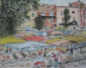 Voir cette oeuvre de Alain Van Hecke: La Place du Marché à Nyons (Provence)