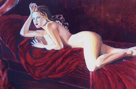 Nue sur un canapé rouge - Peinture - KAN