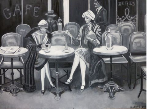 femmes à la terrasse d'un café parisien - Peinture - danielle lebas