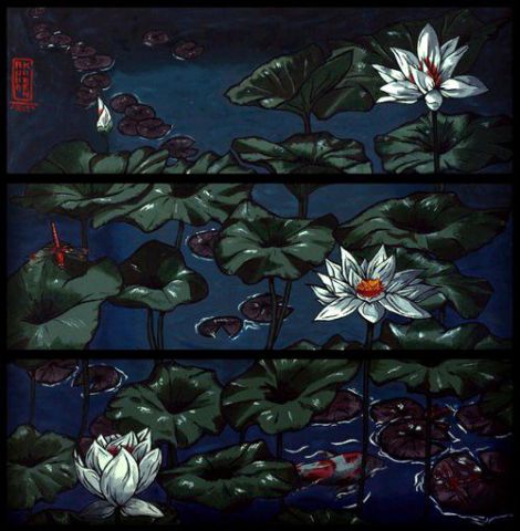 Lotus and Dragonflies - Peinture - Anna Karen