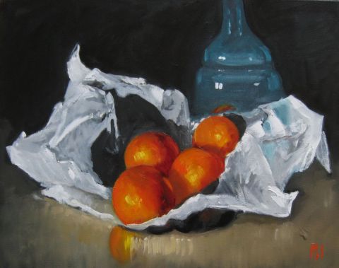 L'artiste MONIQUE SHAW - oranges et carafe bleue