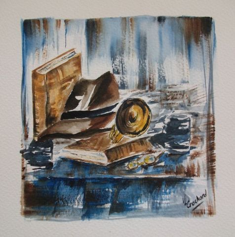 un chapeau, des livres et une trompette... - Peinture - valerie CROCHARD
