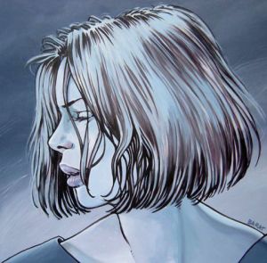 Peinture de Alain Barat: Femme sur fond bleu nuit
