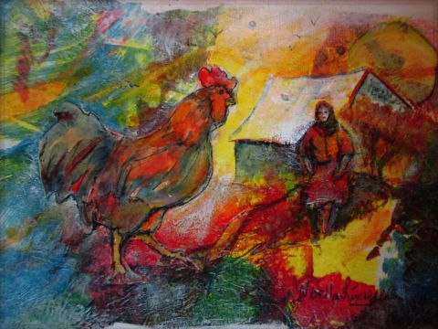 Coq à l'aube - Peinture - Pikassot