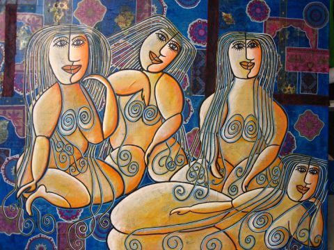 Femmes au bain ou complicité de hammam-1 - Peinture - ANTOINE MELLADO