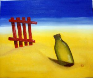 Peinture de martine zendali: bouteille sur la plage