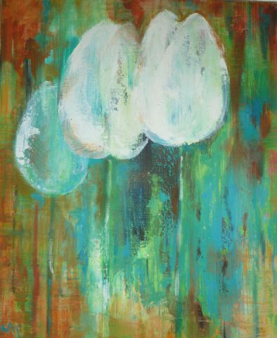 White tulips on blue green gold - Peinture - Cate Evans