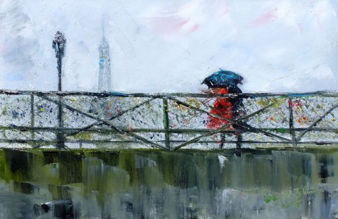 L'artiste Chantal  Urquiza - seuls sous la pluie sur le PONT des ARTS 
