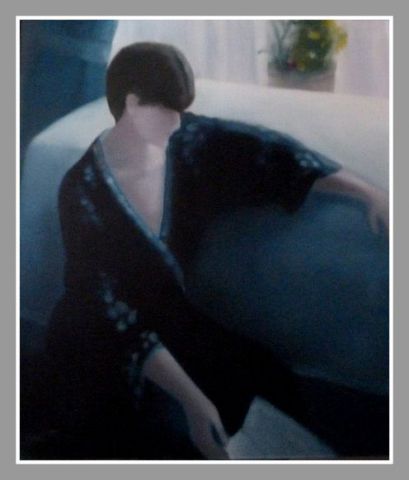 L'artiste Monique Bossicart - Jeune fille au kimono bleu