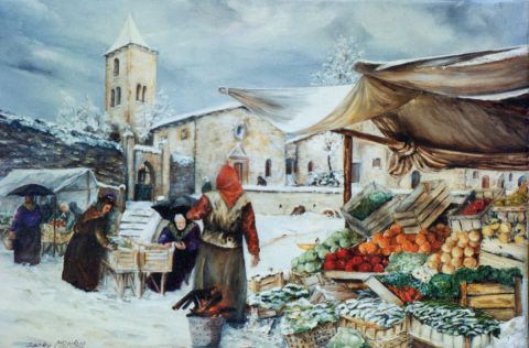Marché sous la neige - Peinture - Jacques MONCHO