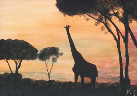 Girafe soleil couchant - Peinture - Christian Bligny
