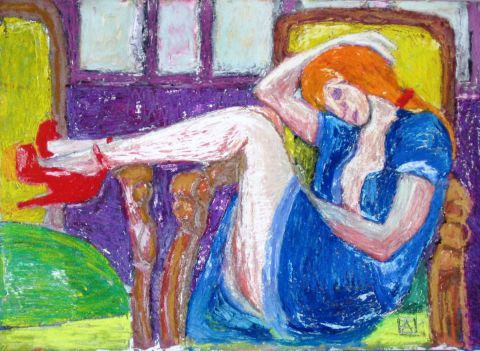 Femme à la robe bleue et aux jambes nues - Peinture - Anna Demadre-Synoradzka