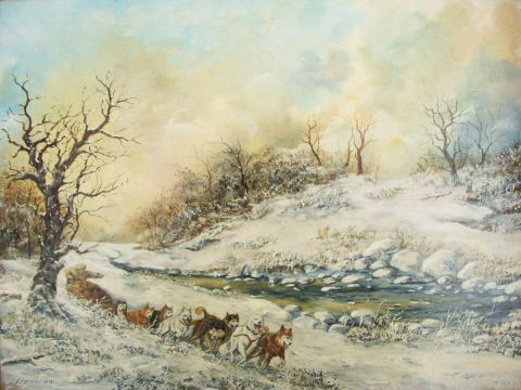 Les chiens de traineaux - Peinture - Jacques MONCHO