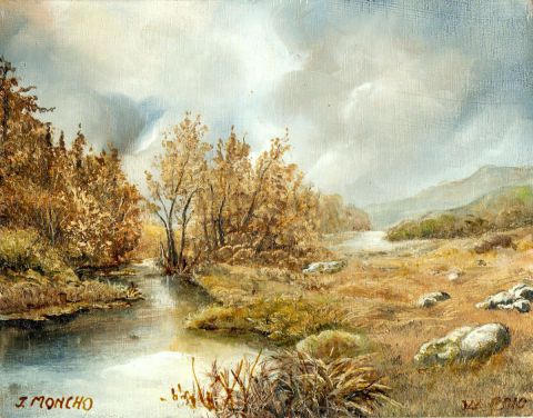 Paysage avec rivière - Peinture - Jacques MONCHO