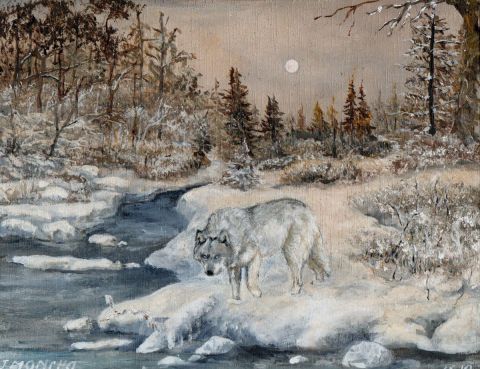 loup en hiver - Peinture - Jacques MONCHO