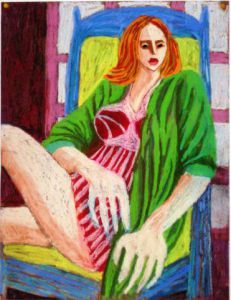 Voir le détail de cette oeuvre: Femme aux mains fourchettes assise sur un fauteuil bleu