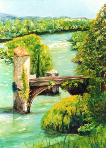 Le pont sur la rivière - Peinture - Jacques MONCHO