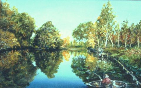 Pêcheur au bord de la rivière - Peinture - Jacques MONCHO