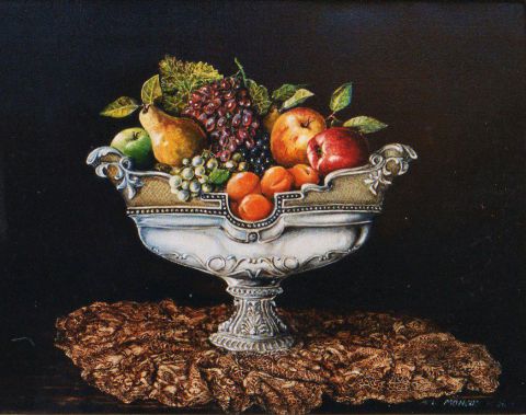 Coupe de fruits sur dentelles - Peinture - Jacques MONCHO