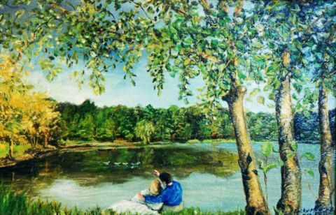 Flirt au bord du lac - Peinture - Jacques MONCHO