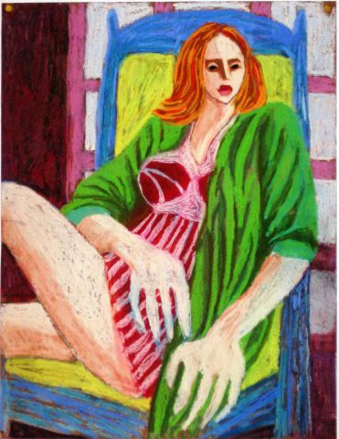 L'artiste Anna Demadre-Synoradzka - Femme aux mains fourchettes assise sur un fauteuil bleu