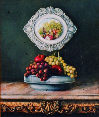 Coupe de fruits avec  assiette en etain - Peinture - Jacques MONCHO