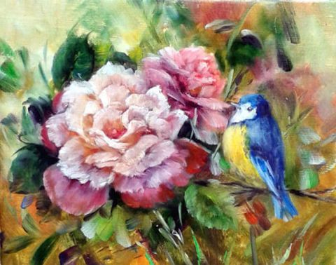 L'artiste chrispaint-flowers - Roses et mésange
