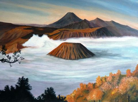 Volcans à Bali - Peinture - Fredlan