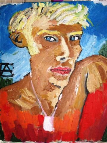 Garçon blond au chemisier rouge et pendentif blanc - Peinture - Anna Demadre-Synoradzka