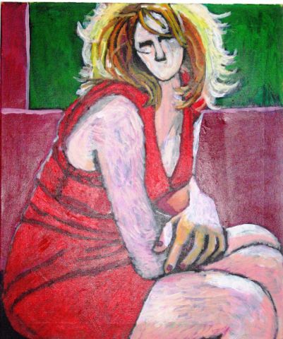 L'artiste Anna Demadre-Synoradzka - Femme assise à la robe rouge