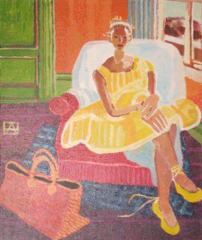 L'artiste Anna Demadre-Synoradzka - Fille à la robe jaune assise sur un fauteuil rouge