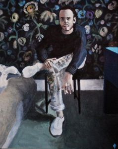 Peinture de camille colobert: Autoportrait dans la chambre fleurie 