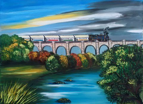 Le train à vapeur de Mortagne sur Sèvre (Vendée) - Peinture - Catherine Dutailly