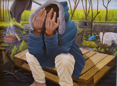 Le migrant dans la jungle Calaisienne  - Peinture - Marcel DELCROIX