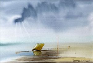 Peinture de Bek Aquarelle: Bouée sur la plage à marée basse