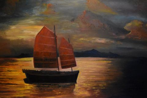 L'artiste joky kamo - Peinture coucher de soleil bateau en mer