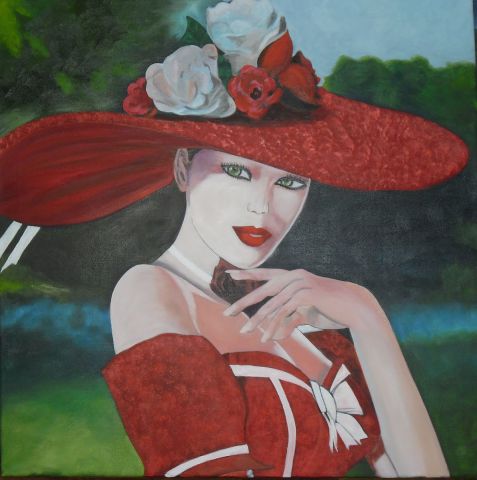 Femme à capeline rouge - Peinture - Evelyne LESPADE