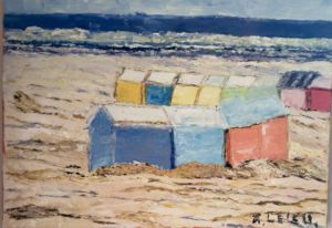 Voir cette oeuvre de agnes59peintre: Cabines de plage colorèes de la mer du Nord