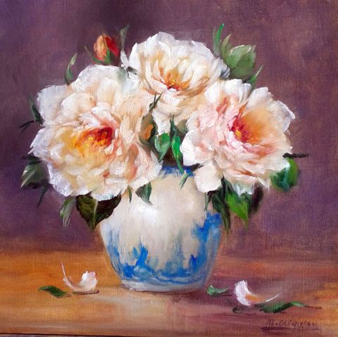 Roses blanches du jardin - Peinture - chrispaint-flowers