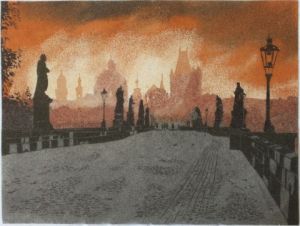 Oeuvre de VISNA: PRAHA - Le Pont Charles vers la vieille ville la nuit