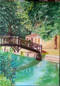 Peinture de dominique laborde: Petite maison avec son pont