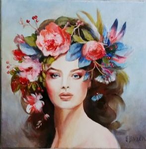 Peinture de EBOREL: Jeune fille en fleurs