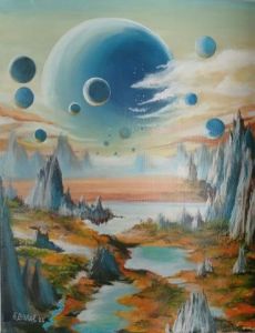 Peinture de EBOREL: Paysage lunaire bleu